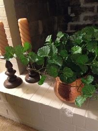 Wooden candle holders and copper planter