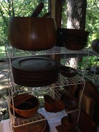 Wooden chargers, bowls, and other serving pieces