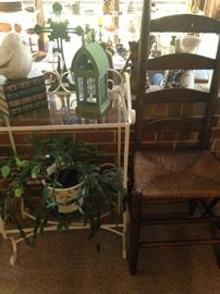 One of many live plants; small 2 shell unit; ladder back chair