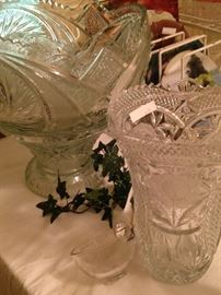 Pressed glass punch bowl and cups; lovely vase