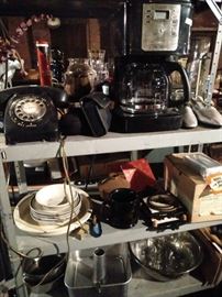 Vintage rotary phone, coffee maker, pots and pans