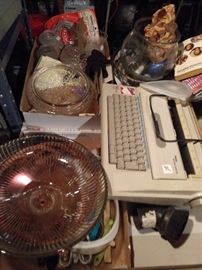 Typewriter, computer, dishes