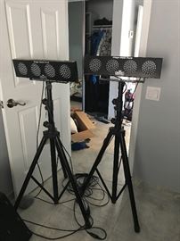 Karaoke lights, mixers, monitors, microphones, and stands