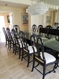 Modern Glass Top Dining Table w/10 Side Chairs & 2 Arm Chairs in Black Lacquer
