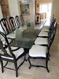 Modern Glass Top Dining Table w/10 Side Chairs & 2 Arm Chairs in Black Lacquer