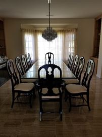 Modern Glass Top Dining Table w/10 Side Chairs & 2 Arm Chairs in Black Lacquer