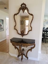 Wood w/Black Marble Top Hall Wall Table