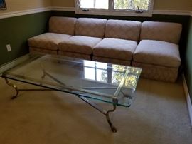 Upholstered Occasional Chairs (Qty=6) & Glass over Brass Cocktail Table