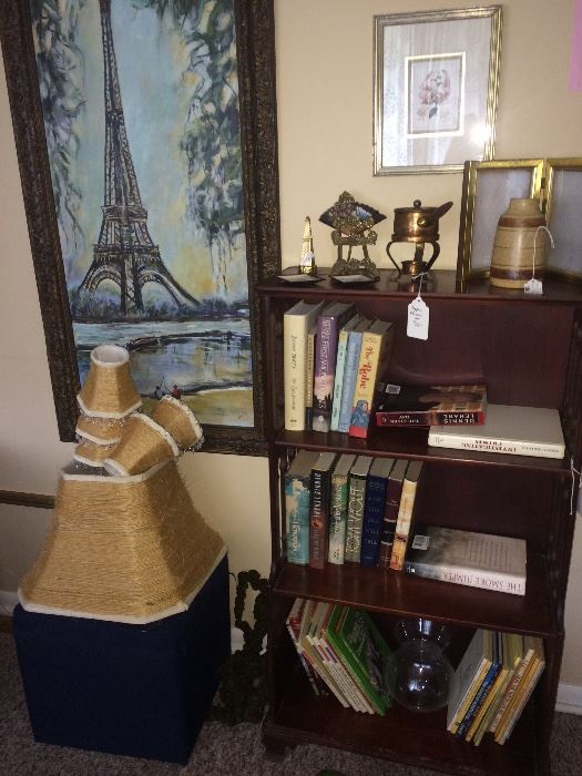 Books, Paris painting, antique book shelf