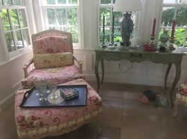 Arm Chair with Ottoman, Roche Bobois - Paris Table, lamp, McKenzie Childs candlesticks and more :)