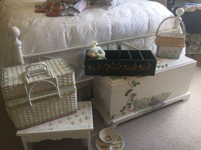 Hand-painted wood chest, step stool, picnic basket and more