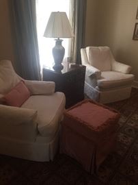 Arm chairs, ottoman, 3-drawer chest, lamp and lumbar pillow