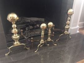 Solid Brass Andirons - large and smaller set - 