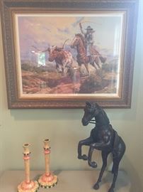 Western Print, leather stallion statue and hand-painted candlesticks