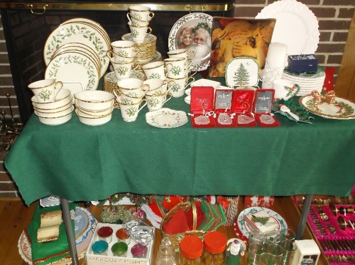 Lenox Christmas china, Waterford ornaments, and other Christmas decorations