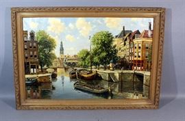 J Schaeffer, Dutch Artist, "Canal Scene" Original Oil on Canvas, Framed, 41"W x 29"H