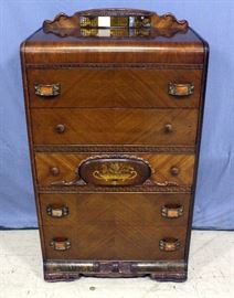 Art Deco Waterfall Chest of Drawers w/ Inlaid Wood, Bakelite Handles, Burl Wood Accents, Dovetail Constructed Drawers, 32.5"W x 56.5 x 18"D