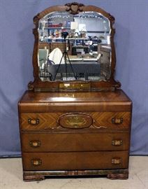 Art Deco Waterfall Dresser w/ Mirror, Inlaid Wood, Bakelite Handles, Burl Wood Accents, Dovetail Constructed Drawers, 46"W x 35"H x 21"D