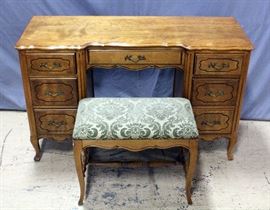 Wes Michigan Furniture Co. Double Pedestal Desk / Vanity with Bench, Serpentine Edges, Desk Measures 50"W x 30"H x 19"D