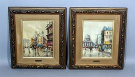Spinelli Original Oil on Canvas Impasto Impressionist Parisian Street Scene Paintings, Qty 2, Framed with Name Plates, 14"W x 16.5"H