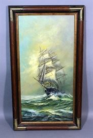Norman Walker Original Oil on Canvas Sailing Ship Seascape Painting, Framed, 15.5"W x 27.5"H