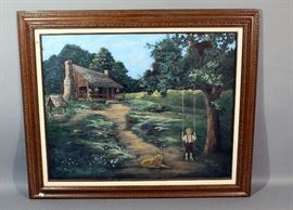 Carolyn Sadler Original Oil on Canvas Cabin in the Woods Painting, Framed, 37"W x 31"H