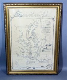 1977 Ann Chenoweth SIGNED "Chesapeake Bay" Map Print, Framed, 24"W x 33"H