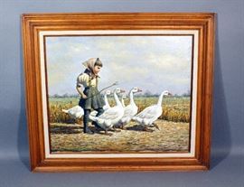 Original Oil on Canvas Little Girl with Geese Painting Signed Spooner, Framed, 31" x 27"