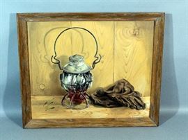 J Chipman Original Oil on Canvas Railroad Lantern Panting, Framed, 27"W x 22.5"H