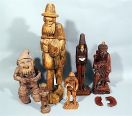 Home Decor Statues, Qty 6, Hand Carved 17"H Traveler, 12"H Reading Monk, 10" Asian Rosewood Man with Fish, Damaged, 9"H Clay Gnome, More