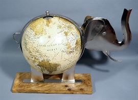2008 Metal Elephant Framed Globe with Wood Base, Made in India, 11.5"L Base, 13"H