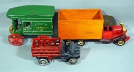 Cast Iron McCallaster General Mercantile 1907 Buggy, Unmarked Cast Iron Truck, and Hand Crafted Wood Truck Decor Piece