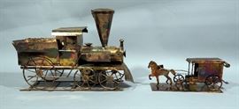 Vintage Copper Steam Engine Train Sculpture Music Box, Plays "I've Been Working on the Railroad", 10"L, and Copper Horse & Buggy Sculpture