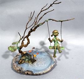 1971 Malcolm Moran Girl on Swing Bronze Agate Sculpture, 7.5"H, and Girl on Swing Welded Metal Sculpture Signed "Hunter", 7"H