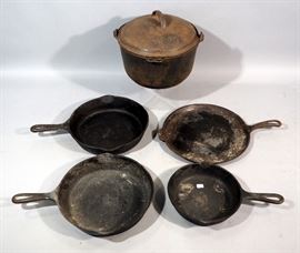 Cast Iron Cookware, Qty 5 Pieces, 11" Skillet Griddle, 8", 10" and 10.5" Skillets, and HW & Co 6 Qt Covered Pot