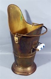 Brass Coal Ash Scuttle Bucket with Lion Head Accent and Ceramic Handle, 20.5"H