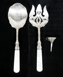 Sterling Silver Fork and Spoon Serving Set with Mother of Pearl Handles, and Sterling Silver Perfume Funnel