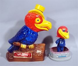 University of Kansas KU Jayhawks 1969 Ezra Brooks Decanter, Hand Painted, and KU Jayhawk McDonalds Bobblehead