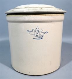 USA 2 Gallon Crown Crock with Lid, Brown Glazed Interior