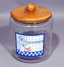 Pillsbury Doughboy "Goodies" "Poppin' Fresh" Glass Cookie Jar / Canister with Wood Lid, 8"H