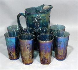 Indiana Glass Harvest Grape 9 Piece Blue Iridescent Carnival Glass Pitcher and 8 Large Tumblers