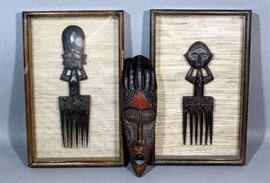 Pair of Hand Carved African Tribal Hair Picks, Framed, 11.5" x 18"H, and Carved African Mask, 14"H