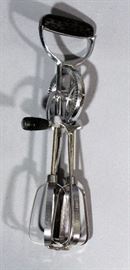 Primitive Kitchen Wood Mallet, Climax Meat Grinder, Antique Cow Bell, Missing Ringer, Ekco Best Hand Mixer, and Oxen Bits