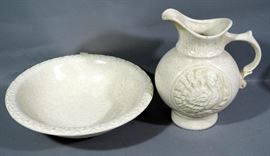 McCoy 7516 Thanksgiving Turkey Speckled Pitcher & Wash Basin, Small Ruben's Vogue Pitcher and Bowl Set, and Glass Pedestal Dish