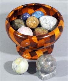 Decorative Polished Stone Spheres and Eggs, Qty 10, and Decorative Inlaid Wood Pedestal Bowl