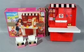 1994 Barbie Mattel Skipper Pizza Party Pizza Shop with Box, No Accessories, and 1998 Avon Barbie Pins, Qty 2