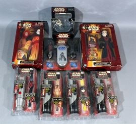 Star Wars Lot- Episode 1 Hope Industries Watches (5), Qui-Gon Ji Mini Clock, and Episode 1 Queen Amidala 12" Dolls (2), All New in Box