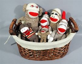 Sock Monkeys, Qty 6, Dan Dee Collector's Choice, Maxx, Midwest, and Hand Made Monkeys, Sizes Range 5.5" - 19", Includes Basket