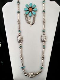 Sterling and turquoise necklace and pin