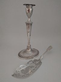 One of a pair of sterling Shreve, Crump & Low candlesticks and an antique J. R. Brackett sterling fish server